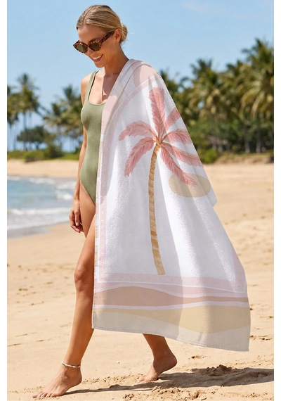 Palmiye Tropikal Lüks Plaj Havlusu - Pastel Pembe Resort Yazlık Hızlı Kuruyan Mikrofiber Havlu Puslu Armut