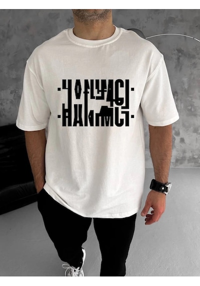 Barlashive Erkek Tişört Kısa Kol Bisiklet Yaka Katlanan Hanımcı Baskılı T-shirt - Beyaz Çok Renkli