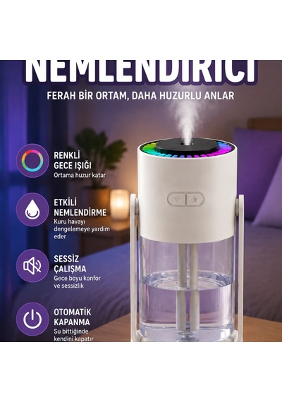 Renkli Gece Işıklı Sessiz Hava Nemlendirici Otomatik Kapanma Özellikli