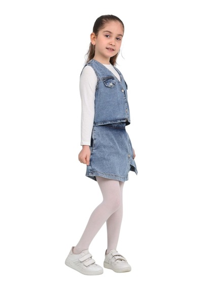 Erdem Kıds Kız Çocuk Pamuklu Jean Denim Düğmeli Kot Yelek Mavi Mavi