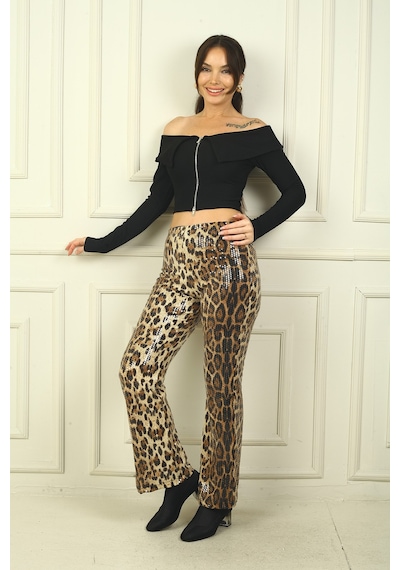 By Saygı Kadın Beli Lastikli Pulpayet İspanyol Paça Yarım Astarlı Leopar Desen Pantolon Bej