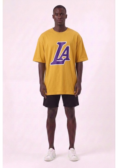 Usa La Baskılı Turuncu Oversize Erkek T-shirt 142832 SİYAH