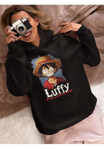 Sevbano Tasarım Monkey D. Luffy Baskılı Unisex Oversize Anime Karakter Ho Siyah