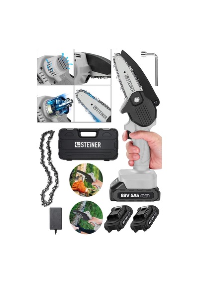 Steiner 88V 5Ah Çift Akülü Çantalı Dal Kesme Budama Testeresi Bıçkı Makinesi Gri + Zincir