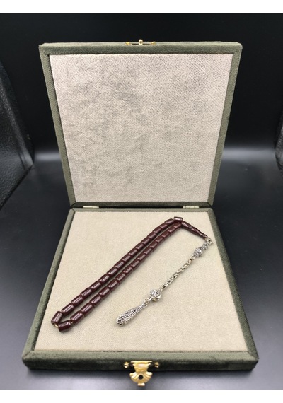 Osmanlı Sıkma Kehribar Tesbih Koyu Vişne, 9x7 Mm Gümüş