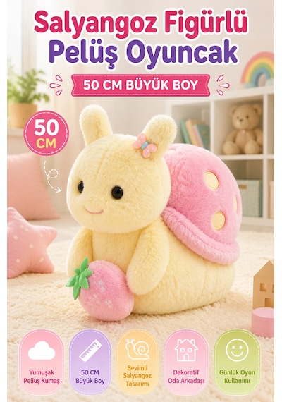 Salyangoz Figürlü Pembe Sırtlı Pelüş Oyuncak 50 Cm Büyük Boy Yumuşak Dokulu Dekoratif Pelüş