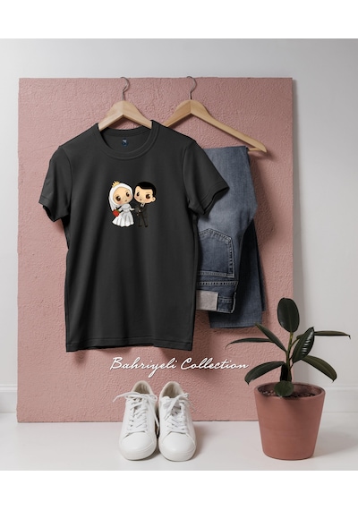 Oversize Groom And Bride Düğün Tasarımlı Unisex T-shirt Siyah