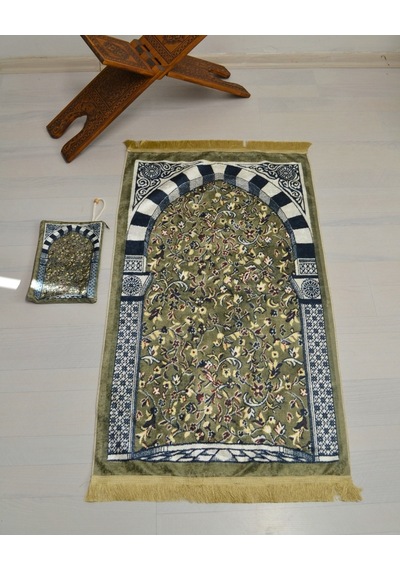 Pratik Ve Taşınabilir İpek Dokulu Çantalı Seccade Ravza Desenli Fermuarlı Yeşil