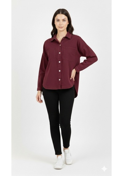 Kadın Kot Rahat Kesim Cepli Düz Denim Gömlek Bordo