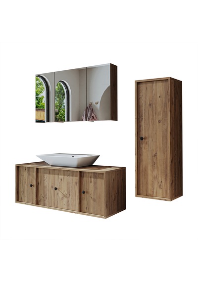 Lavabolu Mdf 120 Cm Çekmeceli Banyo Dolabı + Aynalı Üst Dolabı Atlantik Çam