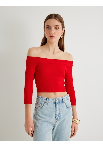 Koton Omzu Açık Crop Tişört Dirsek Boy Kol Pamuklu Slim Fit Kırmızı 4sak50021pk Kırmızı