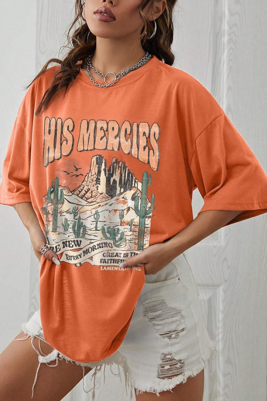 Unisex His Mercies Baskılı Oversize Tshirt Turuncu Siyah