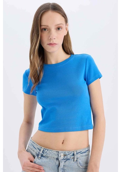 DeFacto Coool Fitted Crop Basic Düz Ribana Kalın Kumaş Kısa Kollu Tişört E0288AX25SMBE758
