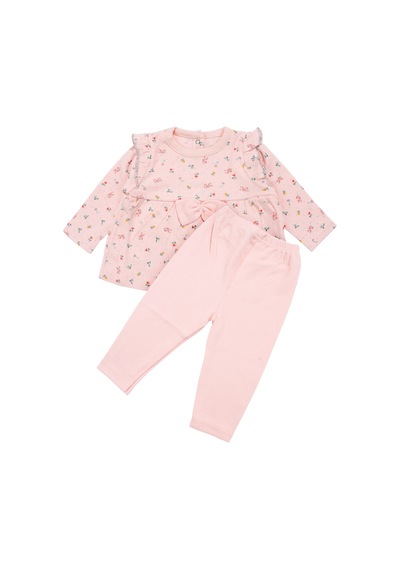 By Bebekodam Kız Bebek Somon Renkli Minik Çiçek Desenli Fırfırlı Pijama Takımı