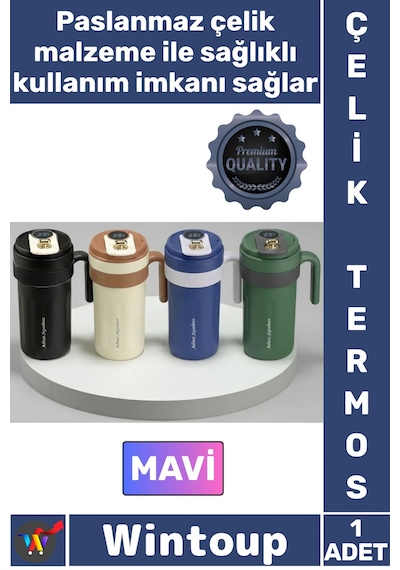 Termos Lüks Isı Sıcak Soğuk Sızdırmaz Akıllı Matara Dijital Göstergeli Kulplu Mavi Çelik Termos Çok Renkli