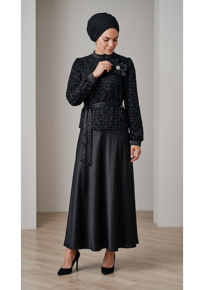 Ece Giyim Kadın Etek Saten Mevlana Model Üst Dantel İçi Astarlı Manşetli Düğünlük Takım Siyah Ece Giyim Kadın Etek Saten Mevlana Model Üst Dantel İçi Astarlı Manşetli Düğünlük Takım Siyah