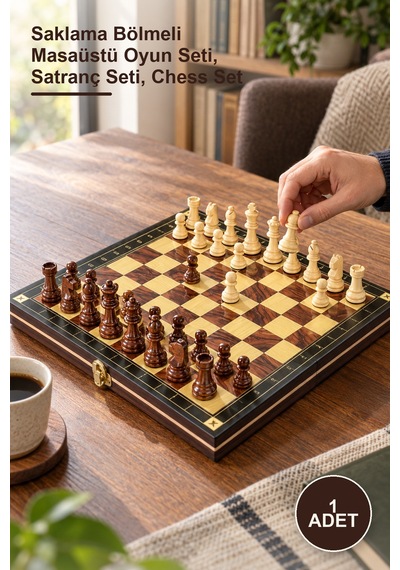 1 Adet Ahşap Mıknatıslı Hazneli Satranç Takımı Saklama Bölmeli Masaüstü Oyun Seti, Satranç Seti, Chess Set