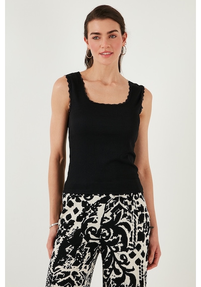 Lela Slim Fit Kalın Dantelli Kare Yaka Bürümcük 2'Li Paket Bayan Atlet 5864979S2 Siyah-Ekru