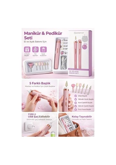 Psc16 Manikür Ve Pedikür Seti, Led Işıklı, Rose Gold, 5 Başlıklı