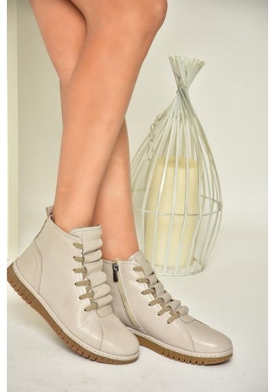 Fox Shoes T555366203 Vizon Hakiki Deri Comfort Ortopedik Taban Kadın Bot Vizon