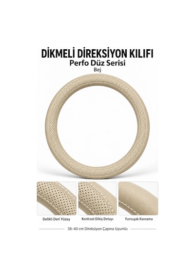 Trobus Mitsubishi L200 2015-2023 Uyumlu Dikmeli Direksiyon Kılıfı Perfo Düz Delikli Deri Bej