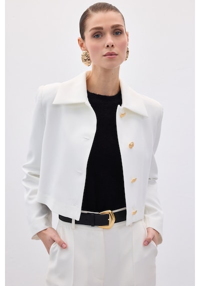 Sateen Düğmeli Kısa Ceket - Ekru-136591 Ekru