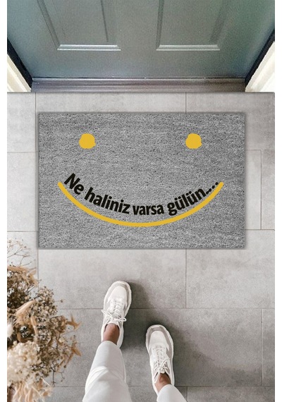 Rugmood Modern Dijital Baskı - Ne Haliniz Varsa Gülün : - Kapı Önü Paspası Gri