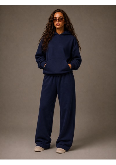 Macklin Unisex Kadın Erkek Baskısız Sweatshirt Oversize 3 İplik Kapüşonlu Hoodie Ve Baggy Eşofman Altı Lacivert