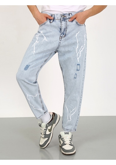 Boyfriend Şimşek Desenli Kot Pantolon Buz Mavi