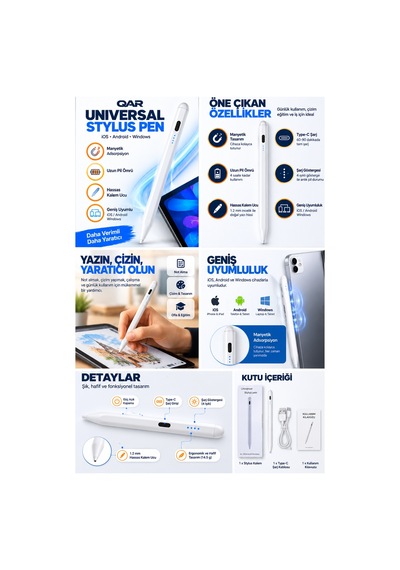 Universal Stylus Kalem Dokunmatik Tablet Telefon Kalemi İos Android Windows Uyumlu Type-c Şarjlı Pil Göstergeli İnce Uçlu Çizim Yazı Kalemi