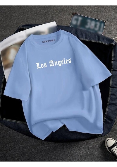 Oversıze Los Angeles Baskılı Unısex Tisort Baskılı Bebe Mavisi