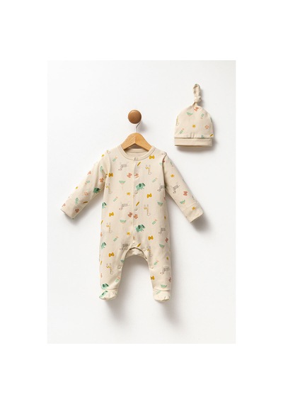 Moi Noi Baby Safari Önden Çıtçıtlı Kız Bebek Tulum Seti Ekru