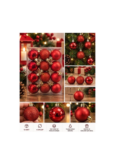 Yeni Yıla Özel 12 Parça Yılbaşı Çam Ağacı Topları Kırmızı Renkli Noel Ağacı Süs Topları 4 Cm Diğer