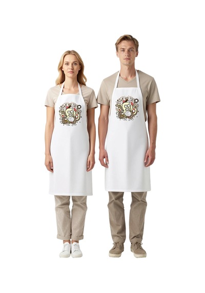 Erkek Unisex Mutfak Aşçı Önlüğü Karikatür Ahtapot Baskılı Rahat K Beyaz