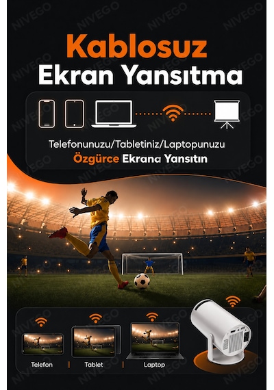 Nivego Kablosuz Projeksiyon Cihazı 130 İnç Destekli Android Uyumlu Mini Projektör Wifi Ekran Yansıtma Ev Sinema Cihazı