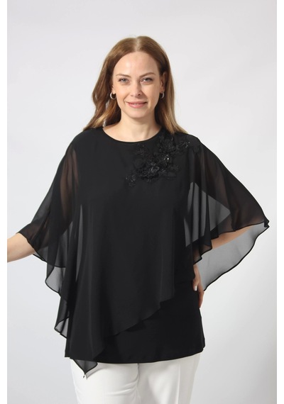 Moda Berray 5040 Pul Payet Aplikli Şifon Kombin Büyük Beden Şık Bluz Siyah