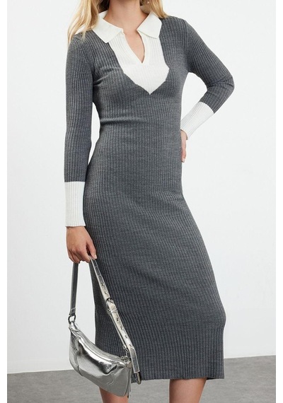 Ersefa Moda Slim Casual Günlük Fitilli Triko Polo Yaka Uzun Kol Bodycone Antrasit