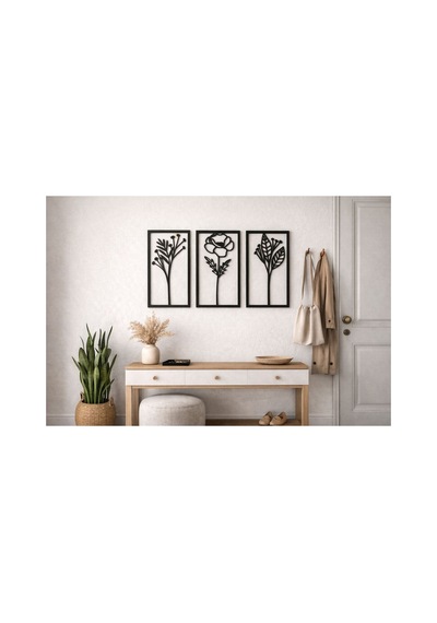 Arliadesign Ahşap 3 Parçalı Dikdörtgen Şeklinde Çiçek Figürleri / Siyah Ahşap 3 Mm Mdf