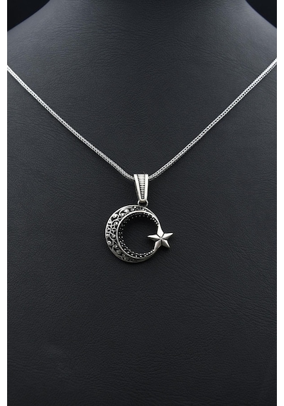 Ay Yıldızlı Ayyıldızlı 925 Ayar Gümüş Kolye Zincir Siyah Mikro Taş Süslemeli 901144