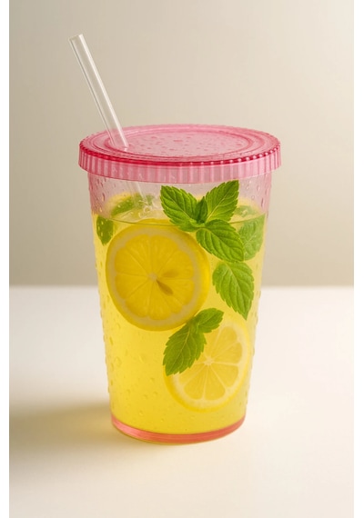 Cam Pipetli Plastik Bardak 500 Ml Su Damlacıklı Desen - Kapaklı Soğuk İçecek Bardağı Pembe