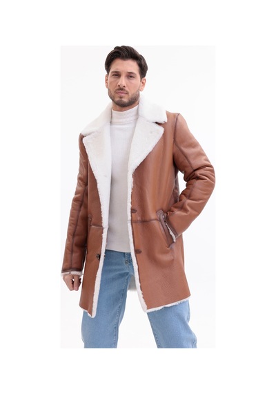 M M Marki Marki Erkek Hakiki Deri Kaban, İçi Kürklü, 90 Cm, Viski Rengi, Kışlık, Premium, İçi Kürklü Kaban - 500022