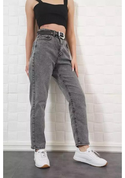 Ckm Moda Jagged Yüksek Kalita Kadın Deri Kemerli Pantolon Gri