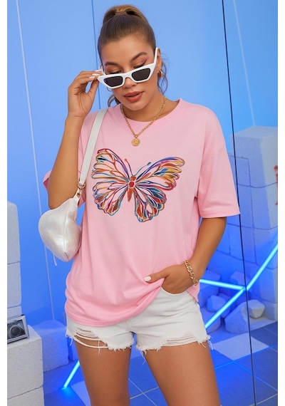 Kelebek Baskılı Oversize Siyah T-shirt Pembe