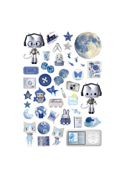 37 Adet Mavi Downtown Grunge Y2k Sticker Seti - Etiket Seti Scrapbook Bullet Journal
