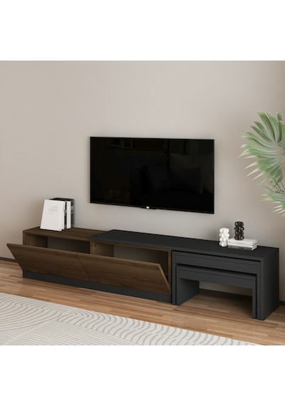Nest Tv Sehpası Modern Tasarım,2 Kapaklı Depolama Ve İkili Zigon Sehpa İle Fonksiyonel Mobilya Antrasit - Ceviz Nest Tv Sehpası Modern Tasarım,2 Kapaklı Depolama Ve İkili Zigon Sehpa İle Fonksiyonel Mobilya Antrasit - Ceviz
