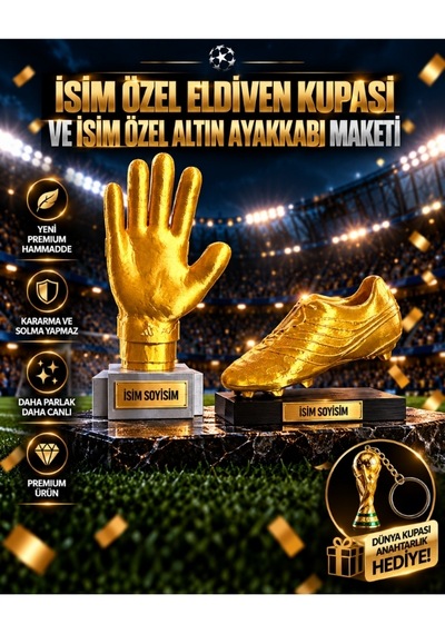 İsime Özel Altın Eldiven Kupası Ve İsime Özel Altın Ayakkabı Maketi Seti Dünya Kupası Anahtarlık Hediyeli 20cm