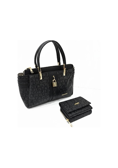 Just Polo Kadın Lüks El & Omuz Çantası Gold Detaylı Özel Tasarım Çanta Ve Uyumlu Cüzdan 22x28 Cm Siyah