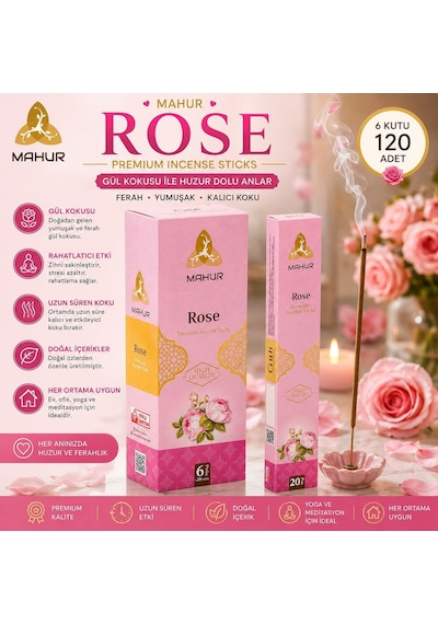 Mahur Rose Gül Kokulu Tütsü 120 Adet 6 Kutu X 20 Çubuk, Premium Çubuk Tütsü, Ev Ofis Yoga Meditasyon Ve Ortam Kokuland
