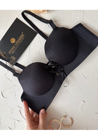 Jennifer Balensiz Push-up Destekli Lazer Kesim Dikişsiz Önden Bağ Siyah