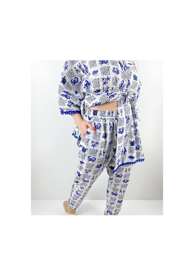 Modaonna Kadın Beyaz Deniz Desenli Keten Kimono Pantolon Takım Mavi